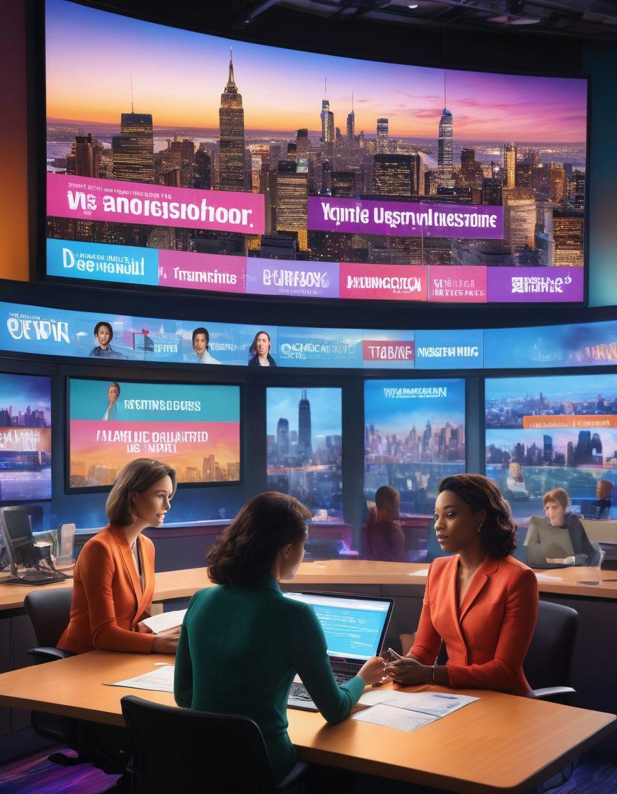 A dynamic news desk scene featuring diverse transgender individuals engaged in discussion, surrounded by colorful news headlines on screens. The atmosphere is vibrant and inclusive, with a backdrop of a city skyline and soft lighting creating a welcoming environment. Include elements like microphones and notepads to emphasize a news-themed setting. super-realistic. vibrant colors.