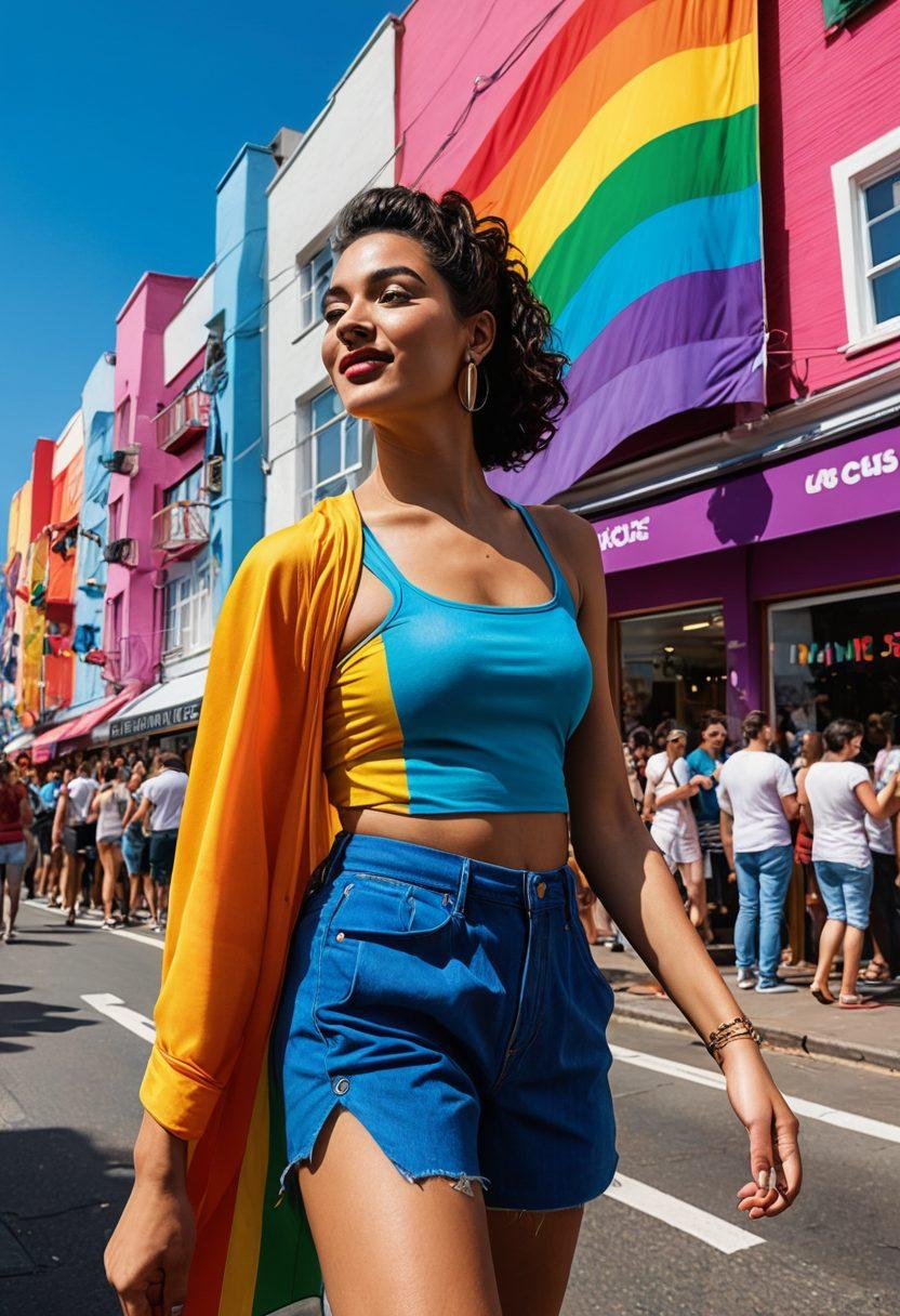 A colorful landscape depicting a dynamic city filled with vibrant murals and diverse people celebrating gender identity. Include symbols of progress like rainbow flags and lively street events, all set against a backdrop of modern architecture. The scene should radiate positivity and inclusiveness, showcasing the essence of the shemale lifestyle and current events. super-realistic. vibrant colors. dynamic composition.